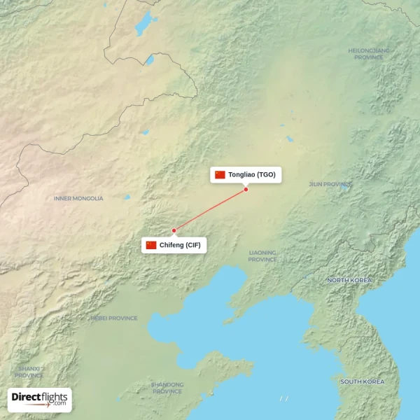 Tongliao - Chifeng direct flight map
