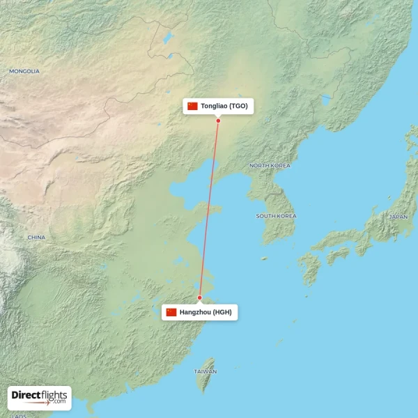 Tongliao - Hangzhou direct flight map