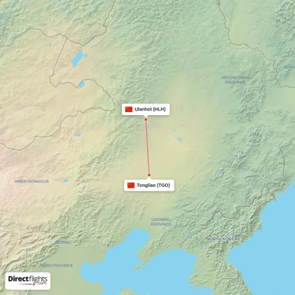 Tongliao - Ulanhot direct flight map