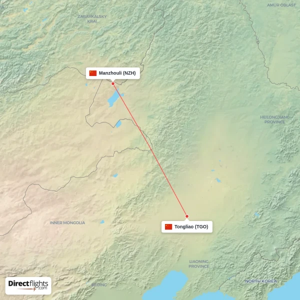 Tongliao - Manzhouli direct flight map