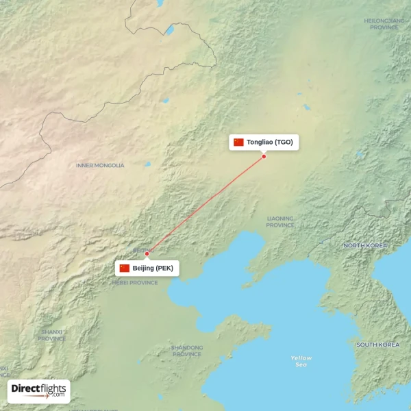 Tongliao - Beijing direct flight map
