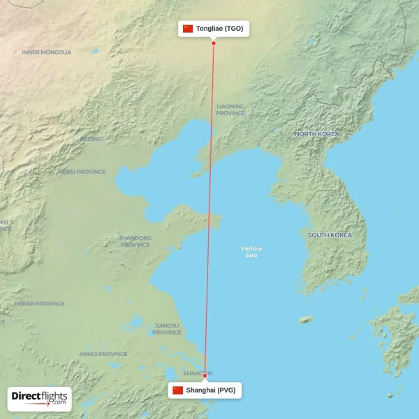 Tongliao - Shanghai direct flight map