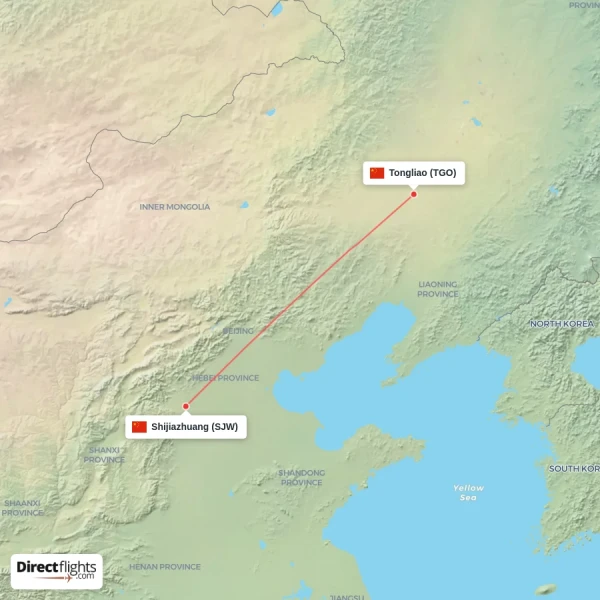 Tongliao - Shijiazhuang direct flight map