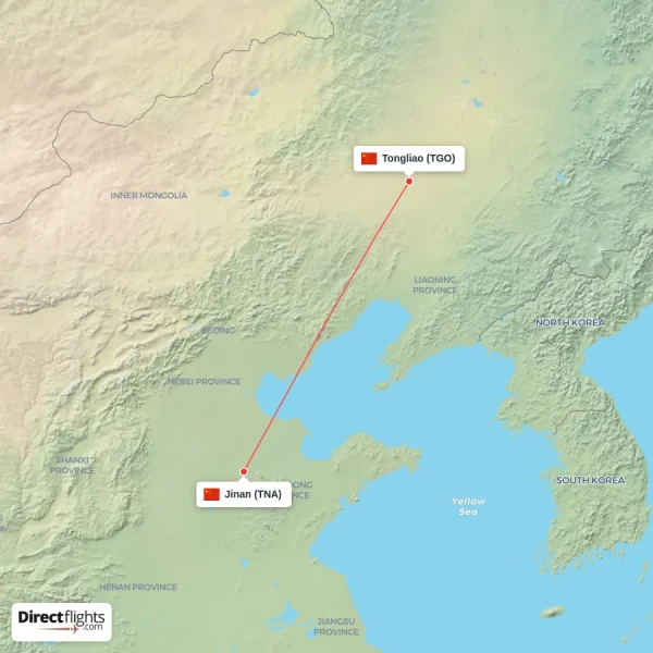 Tongliao - Jinan direct flight map