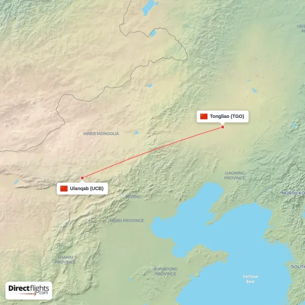 Tongliao - Ulanqab direct flight map