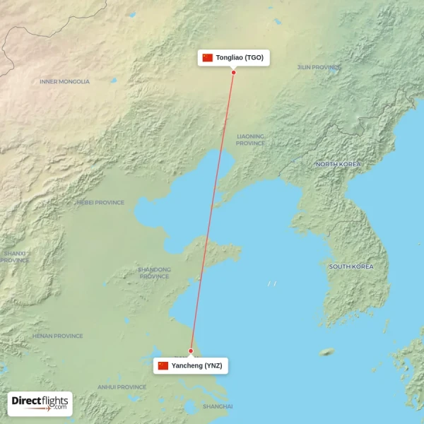 Tongliao - Yancheng direct flight map