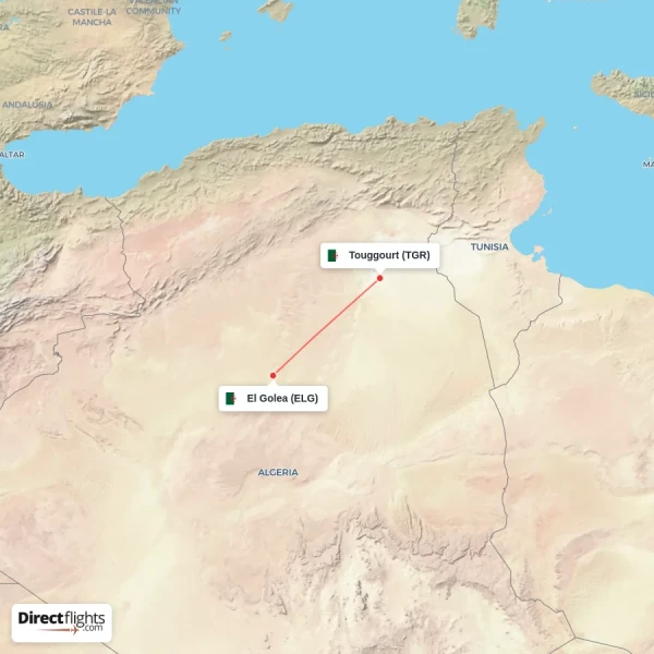 Touggourt - El Golea direct flight map
