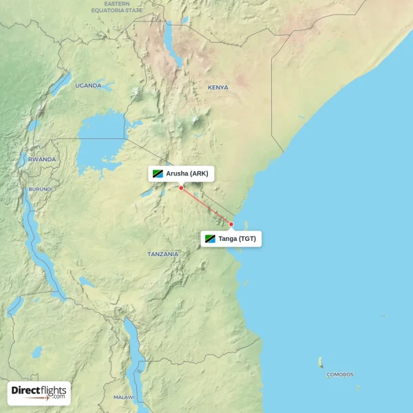Tanga - Arusha direct flight map