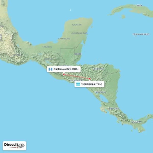 Tegucigalpa - Guatemala City direct flight map
