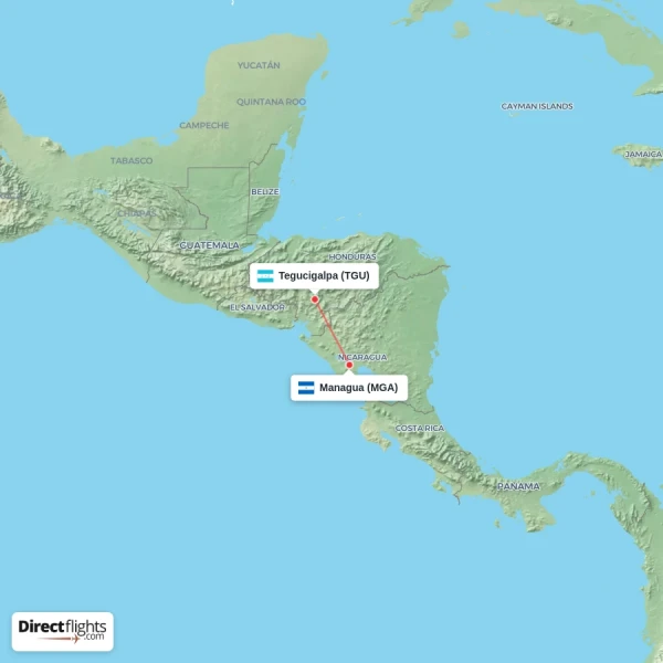 Tegucigalpa - Managua direct flight map