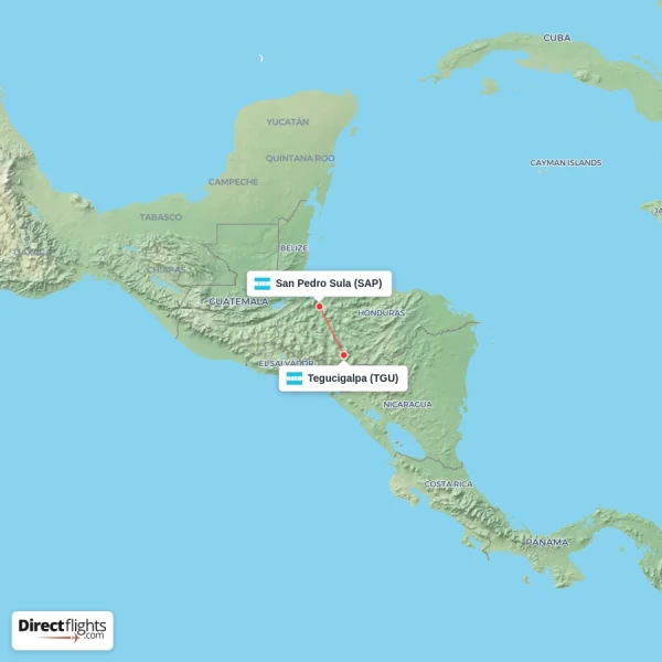 Tegucigalpa - San Pedro Sula direct flight map