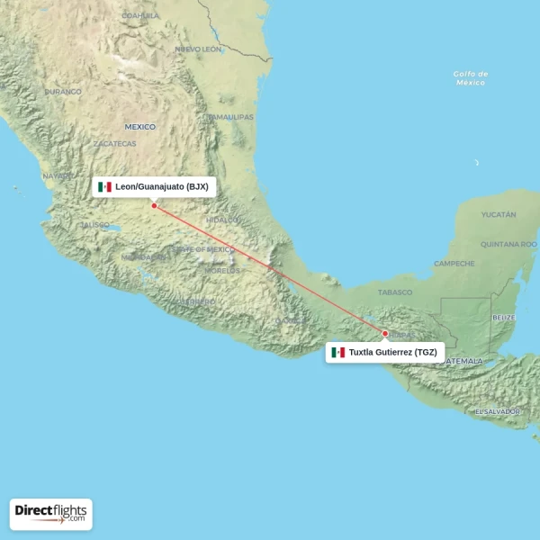Tuxtla Gutierrez - Leon/Guanajuato direct flight map