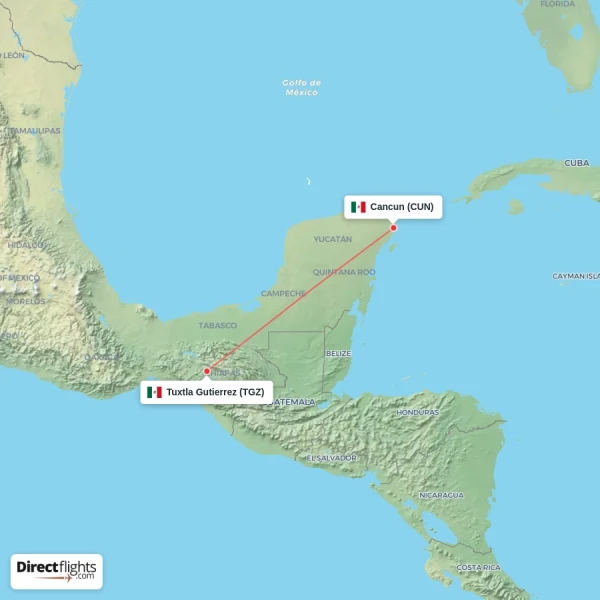 Tuxtla Gutierrez - Cancun direct flight map
