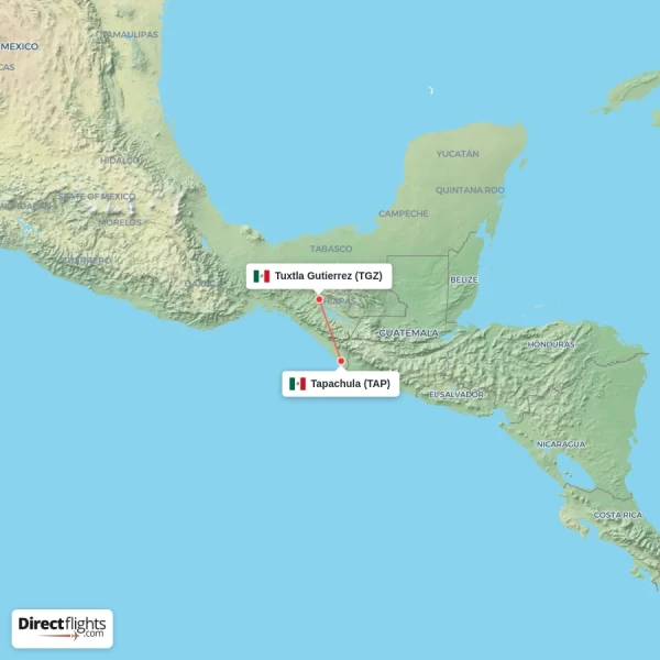 Tuxtla Gutierrez - Tapachula direct flight map