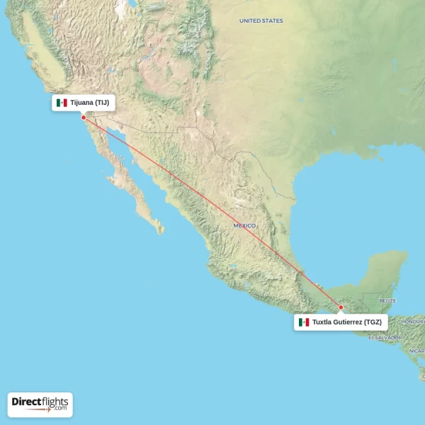 Tuxtla Gutierrez - Tijuana direct flight map