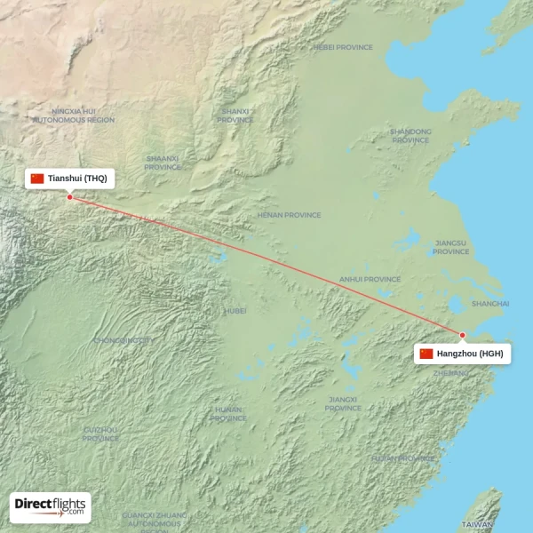 Tianshui - Hangzhou direct flight map