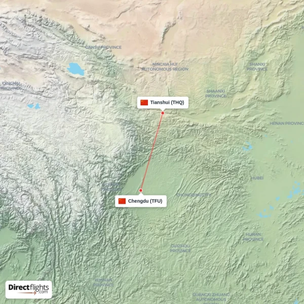 Tianshui - Chengdu direct flight map