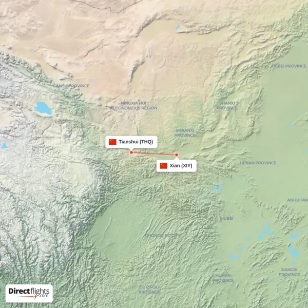 Tianshui - Xian direct flight map