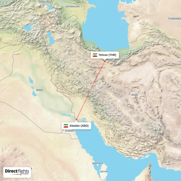 Tehran - Abadan direct flight map