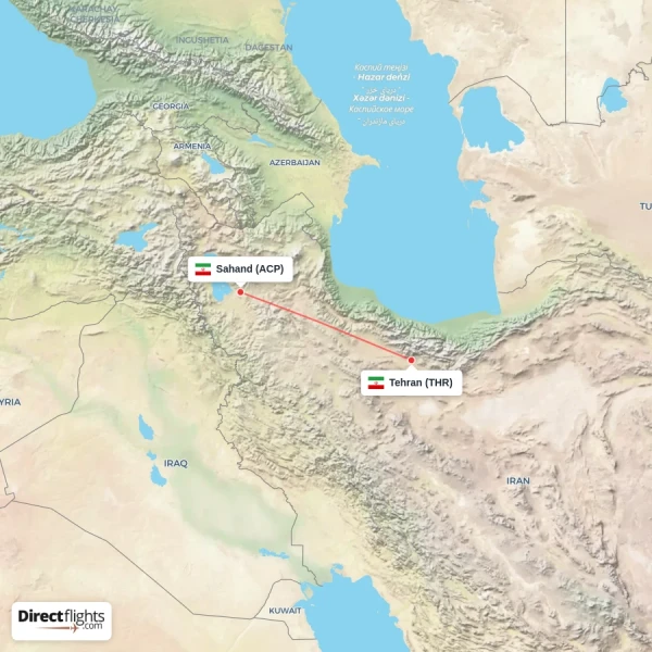 Tehran - Sahand direct flight map