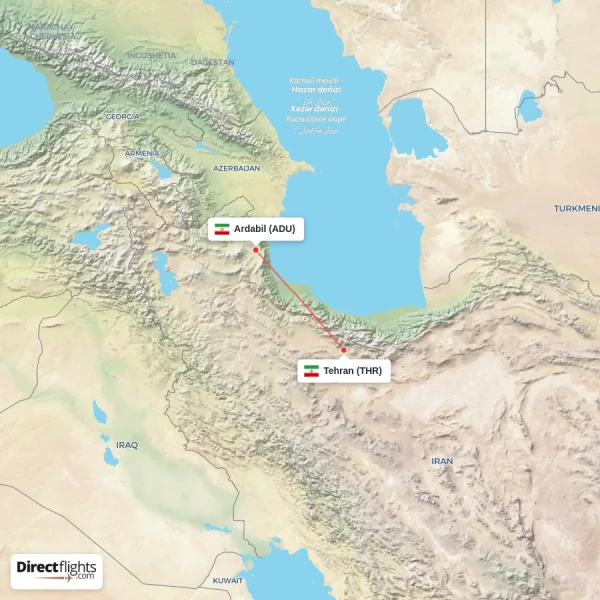 Tehran - Ardabil direct flight map