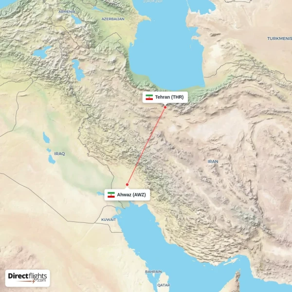 Tehran - Ahwaz direct flight map
