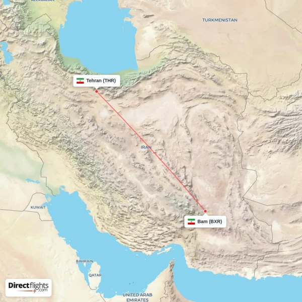 Tehran - Bam direct flight map