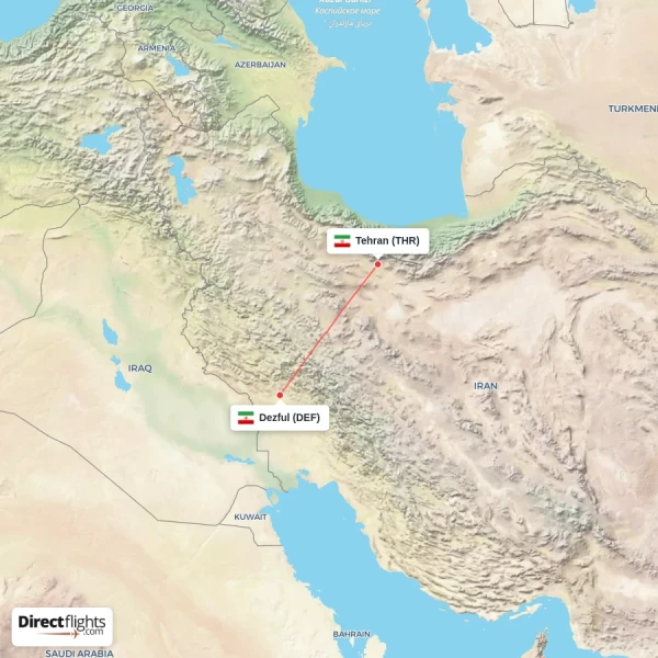 Tehran - Dezful direct flight map