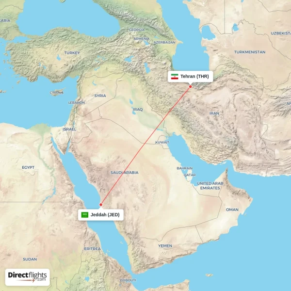 Tehran - Jeddah direct flight map