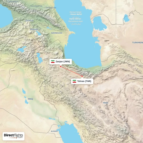 Tehran - Zanjan direct flight map