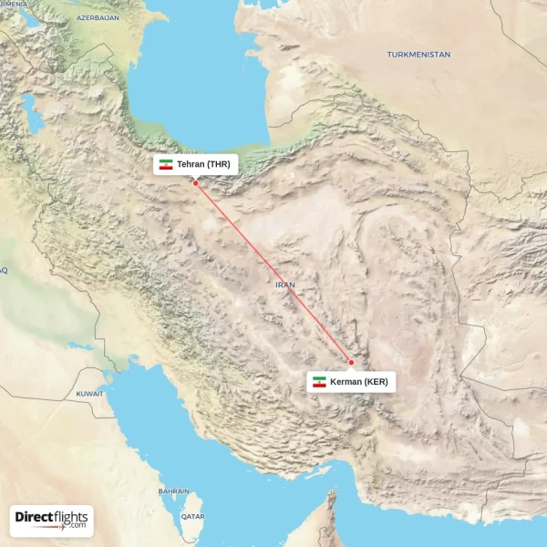 Tehran - Kerman direct flight map