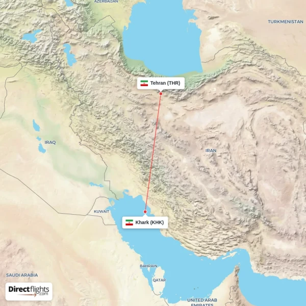 Tehran - Khark direct flight map