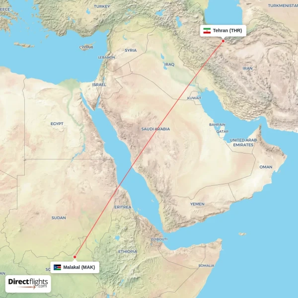Tehran - Malakal direct flight map