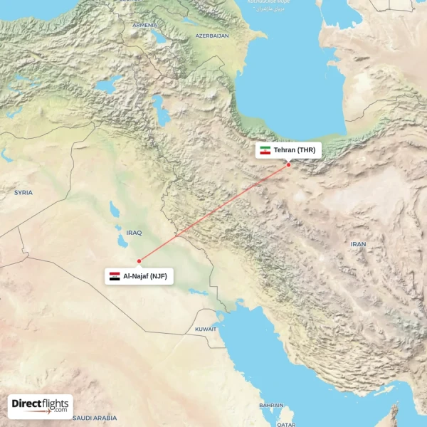 Tehran - Al-Najaf direct flight map