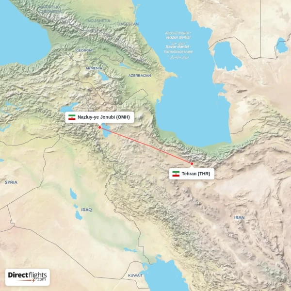 Tehran - Nazluy-ye Jonubi direct flight map