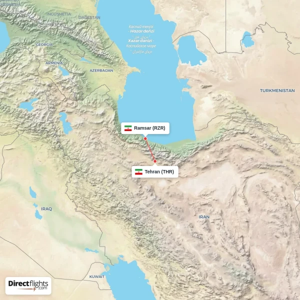 Tehran - Ramsar direct flight map