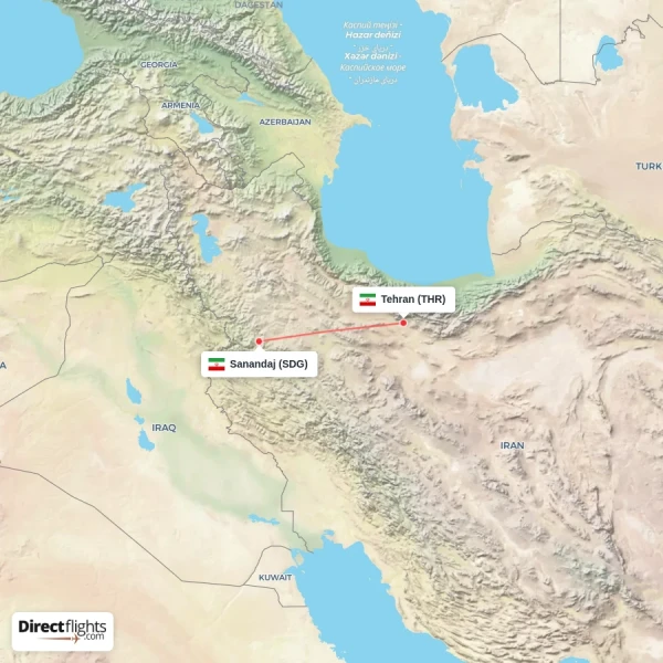 Tehran - Sanandaj direct flight map