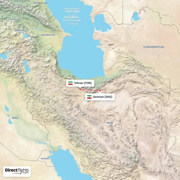 Tehran - Semnan direct flight map