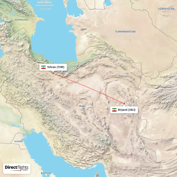 Tehran - Birjand direct flight map