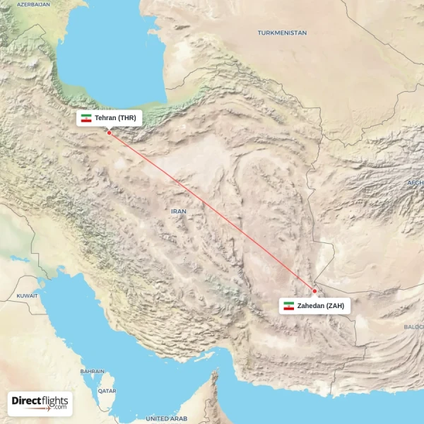 Tehran - Zahedan direct flight map