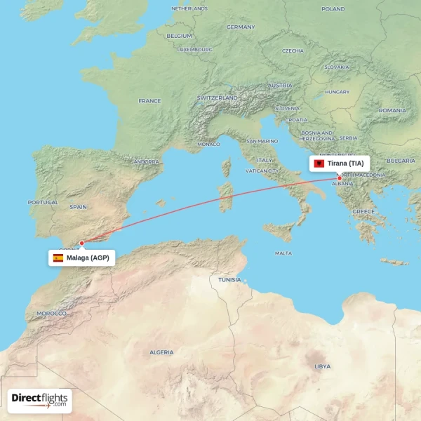 Tirana - Malaga direct flight map