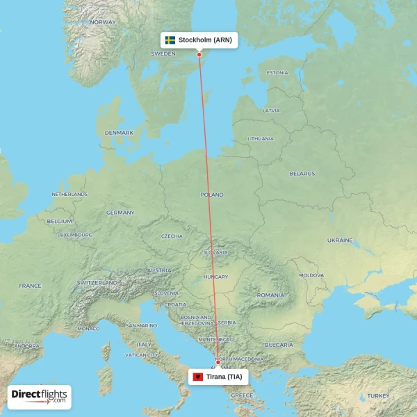 Tirana - Stockholm direct flight map