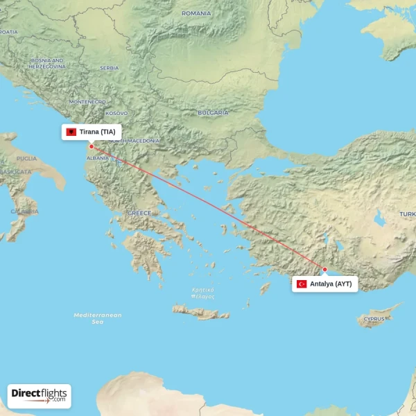 Tirana - Antalya direct flight map