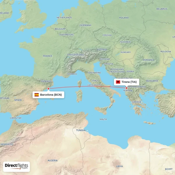 Tirana - Barcelona direct flight map