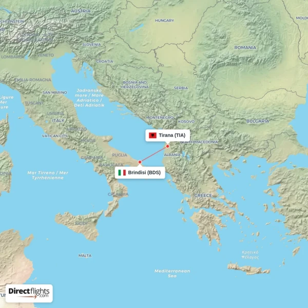 Tirana - Brindisi direct flight map
