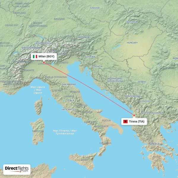 Tirana - Milan direct flight map