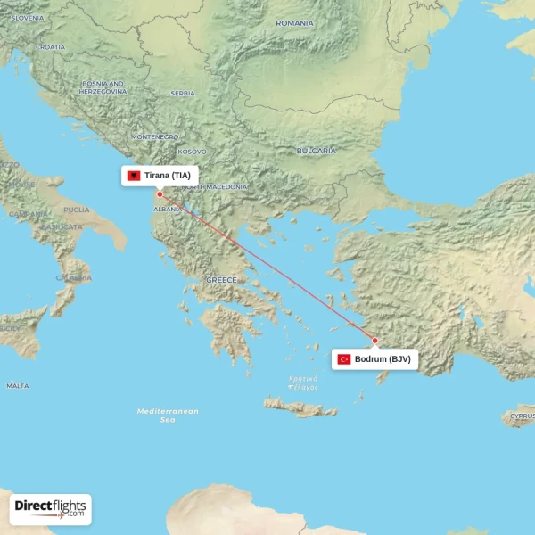 Tirana - Bodrum direct flight map