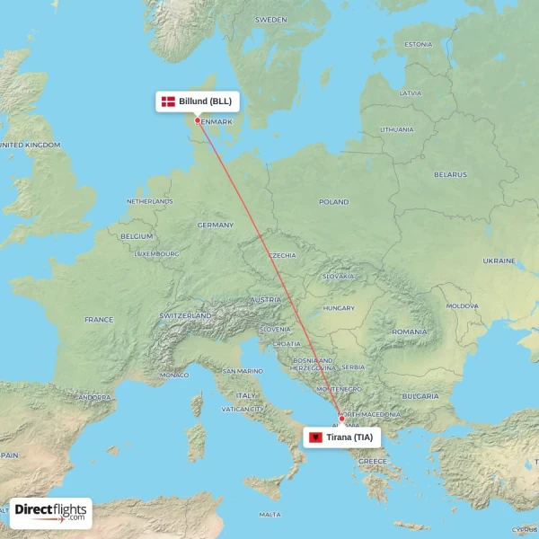 Tirana - Billund direct flight map