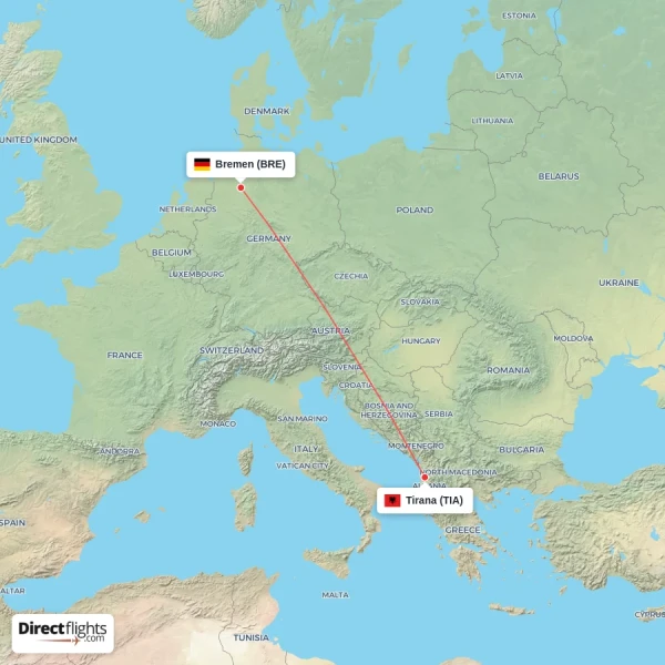Tirana - Bremen direct flight map