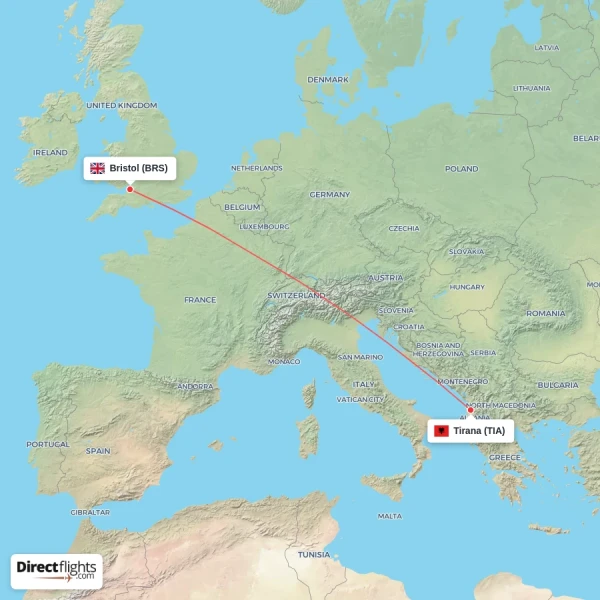 Tirana - Bristol direct flight map